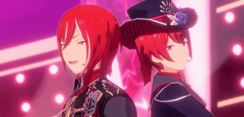 two anime characters with red hair and purple eyes are standing next to each other .