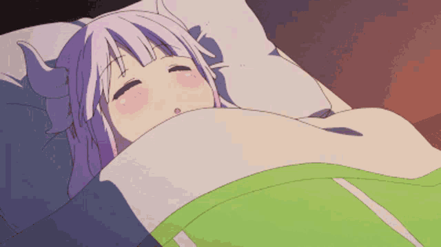 a girl with purple hair is sleeping in a bed