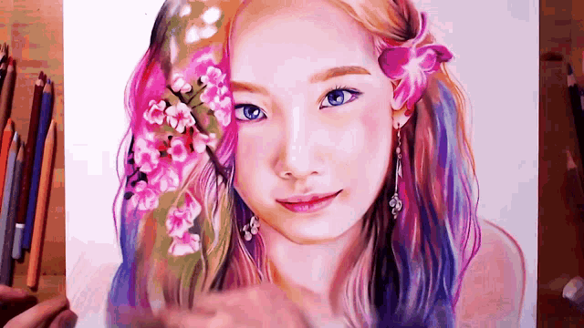 a painting of a woman with flowers in her hair