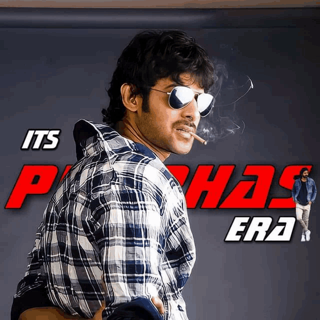 a man wearing sunglasses is smoking a cigarette in front of a poster that says " its pahas era "