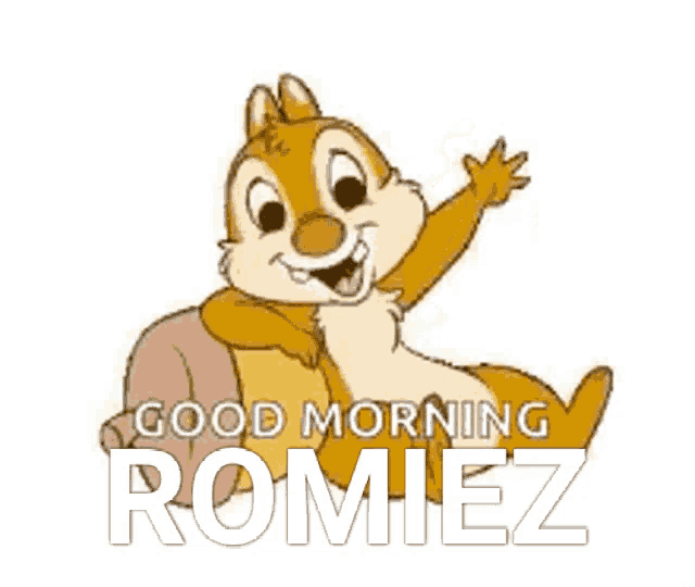 a cartoon chipmunk sitting on a chair with the words good morning romiez