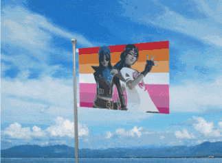 a lesbian flag with a picture of two girls on it