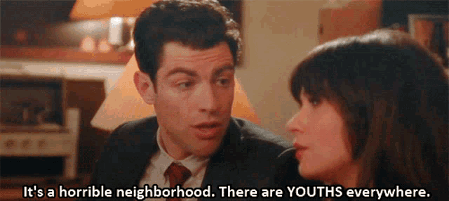 a man and woman are talking and the man says it 's a horrible neighborhood