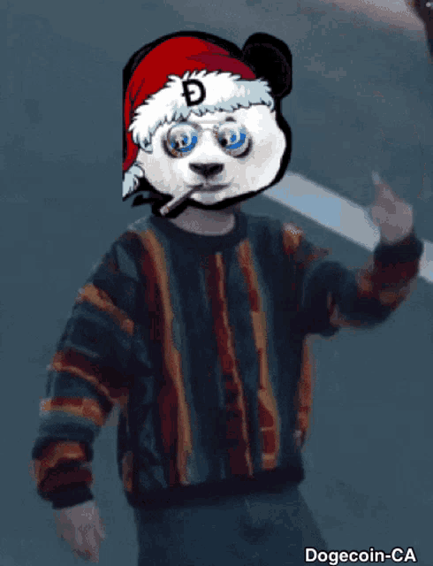 a person wearing a panda mask with a santa hat on giving the middle finger