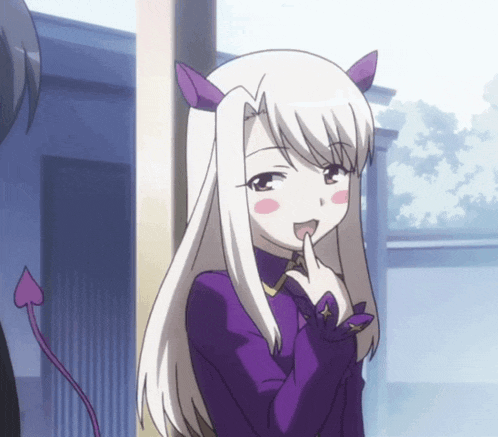a girl with white hair and devil horns is making a funny face