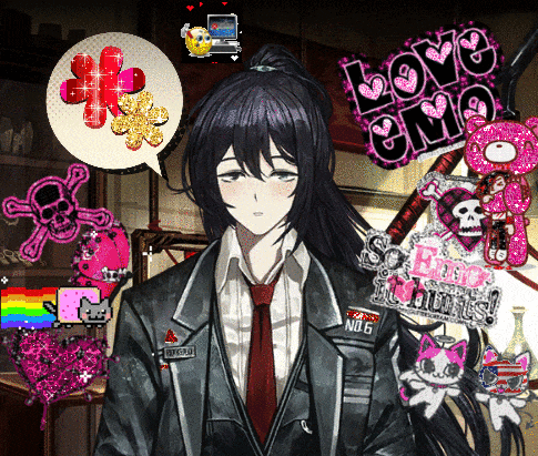 a man in a suit and tie is surrounded by stickers and a sign that says " love emo "