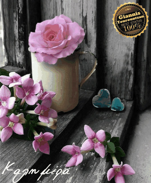 a greeting card with a pink rose in a white mug and hearts