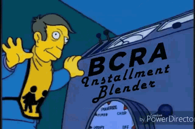 a cartoon character stands in front of a machine that says bcra establishment blender