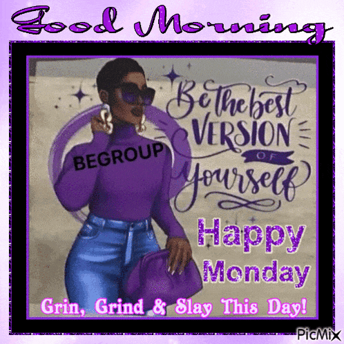 a woman in a purple shirt is holding a purse and says be the best version of yourself .
