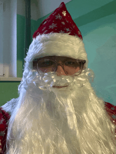a man dressed as santa claus with a beard and glasses