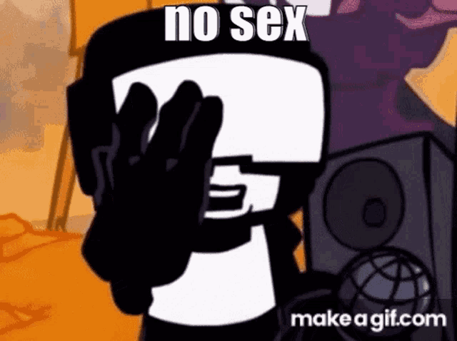 a cartoon character is covering his face with his hand and the words `` no sex '' written on it .