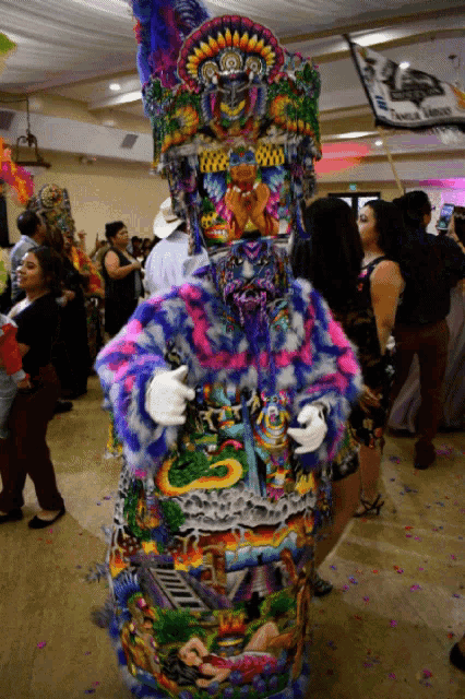 a person dressed in a colorful costume with the letter s on it