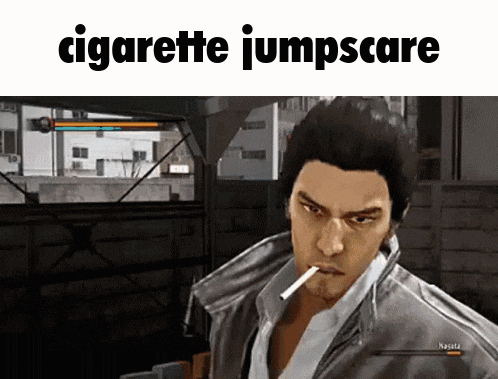 a man is smoking a cigarette in a video game and the words cigarette jumpscare are above him
