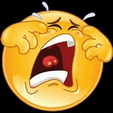 a cartoon smiley face is crying with its mouth open and tears coming out of it 's eyes .