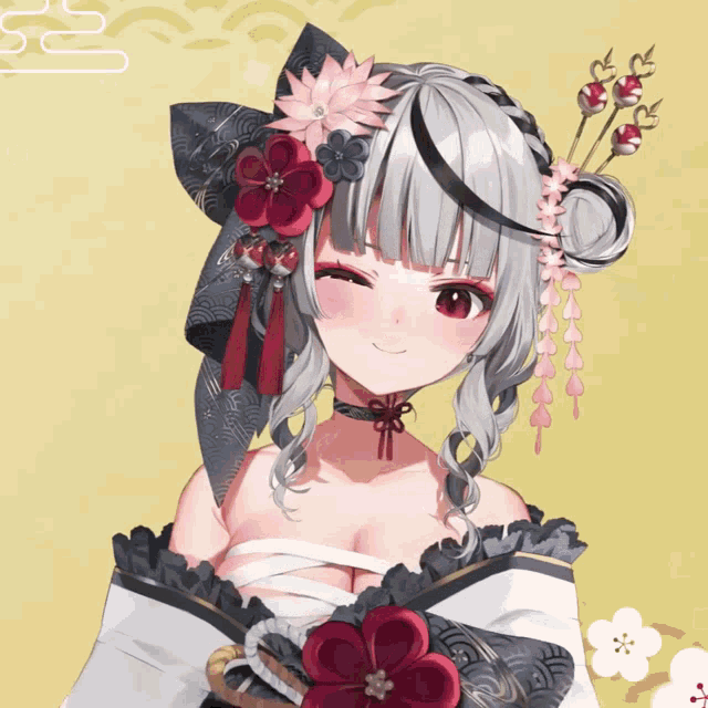 a girl with white hair and red flowers in her hair is smiling