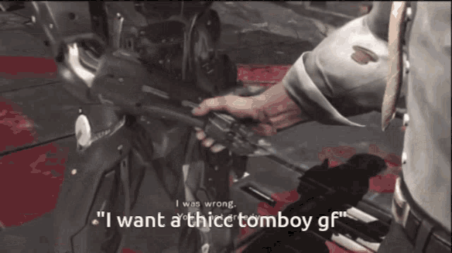 a man in a suit and tie holds a gun and says " i want a ' thick tomboy gf "