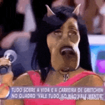 a woman with a horse face is holding a microphone .