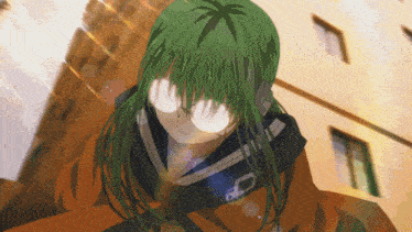 a girl with green hair and glasses looks at the camera