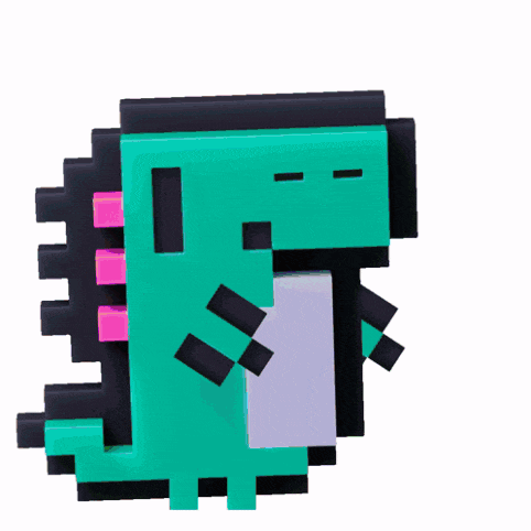 a green and black pixelated dinosaur with a pink tail