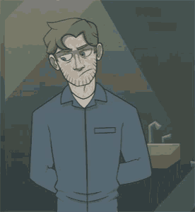 a cartoon of a man with a beard wearing a blue jacket .