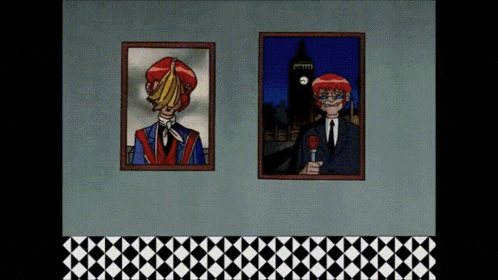 two framed pictures on a wall one of which is a man with a banana on his head