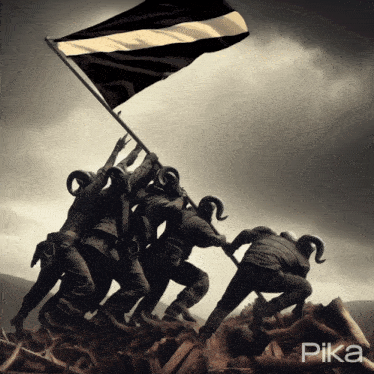 a statue of a group of people holding a flag with the word pika on the bottom
