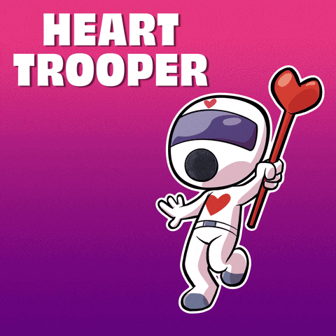 a cartoon drawing of a heart trooper holding a red heart