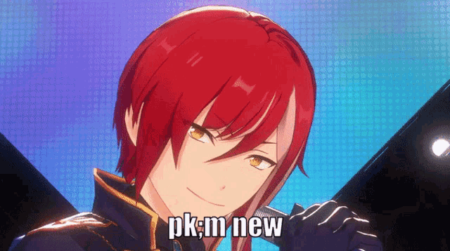 a red haired anime character is holding a microphone with the words pk:m new above him