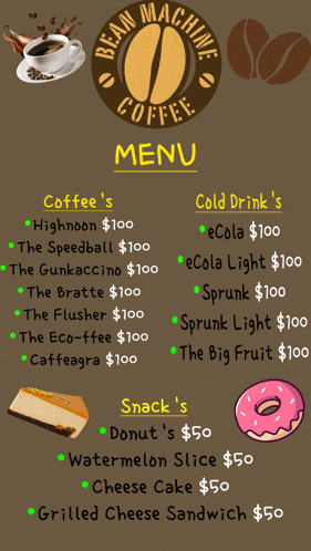 a menu for bean machine coffee shows a cup of coffee and a donut