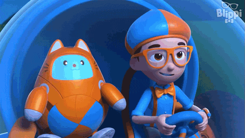 a cartoon character is driving a car next to a stuffed animal that looks like a cat .