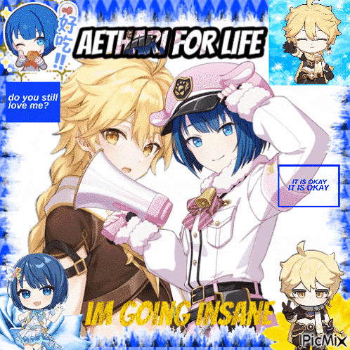 a picture of a boy and a girl with the words aether for life i 'm going insane