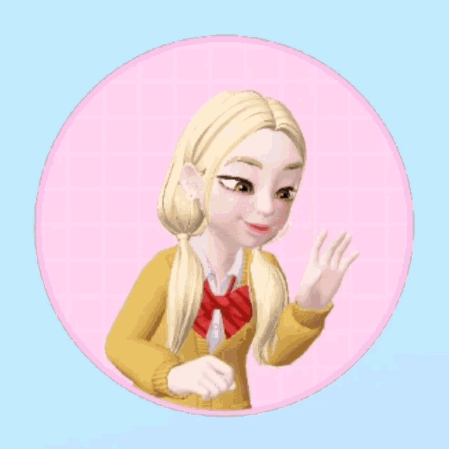 a girl with blonde hair is wearing a yellow sweater and a red plaid bow tie