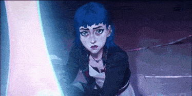 a cartoon girl with blue hair is holding a blue light in her hand .