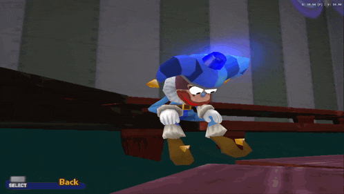 a screenshot of a video game shows a character jumping in the air with the back button visible