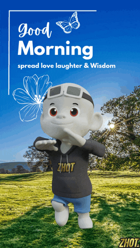 a cartoon character says good morning spread love laughter & wisdom