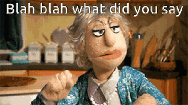 a picture of a puppet with the words blah blah what did you say