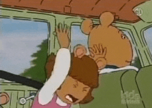 a cartoon girl is sitting in the back seat of a car with a teddy bear behind her .