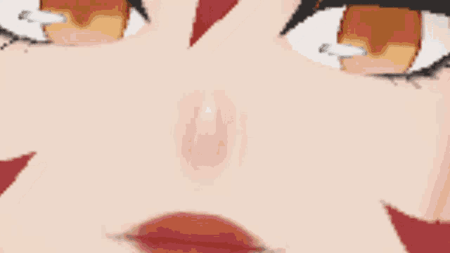 a close up of a woman 's face with a red lip