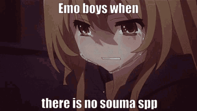a girl is crying with the words emo boys when there is no souma spp below her