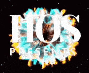 a logo for ho 's presents is surrounded by fire