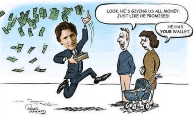 a cartoon of a man jumping in the air while holding a wallet and talking to a man and woman .