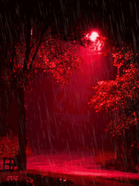 a painting of a park at night with red trees and a red moon