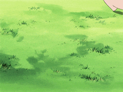 a pink cartoon character is standing in the grass with a smile on its face