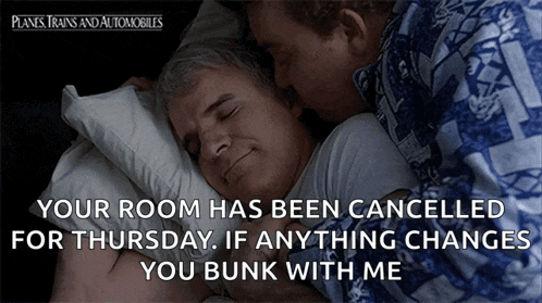 a poster for planes trains and automobiles shows two men sleeping together