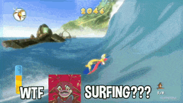 a video game with the words wtf and surfing on the screen