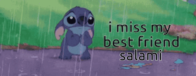 a cartoon of stitch standing in the rain with the words i miss my best friend salami below him