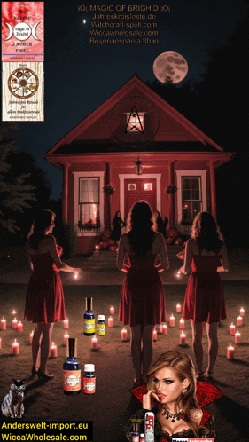 a group of women standing in front of a red house