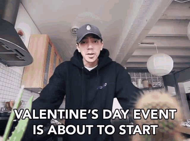 a valentine 's day event is about to start with a man in the kitchen