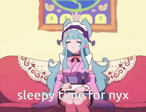 a cartoon of a girl sitting on a couch with the words sleepy time for nyx