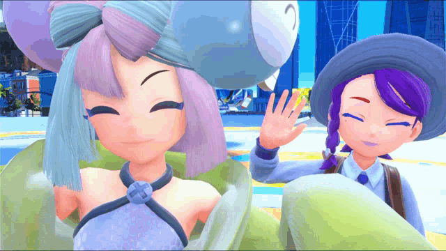 a cartoon girl with purple hair and a blue hat is smiling